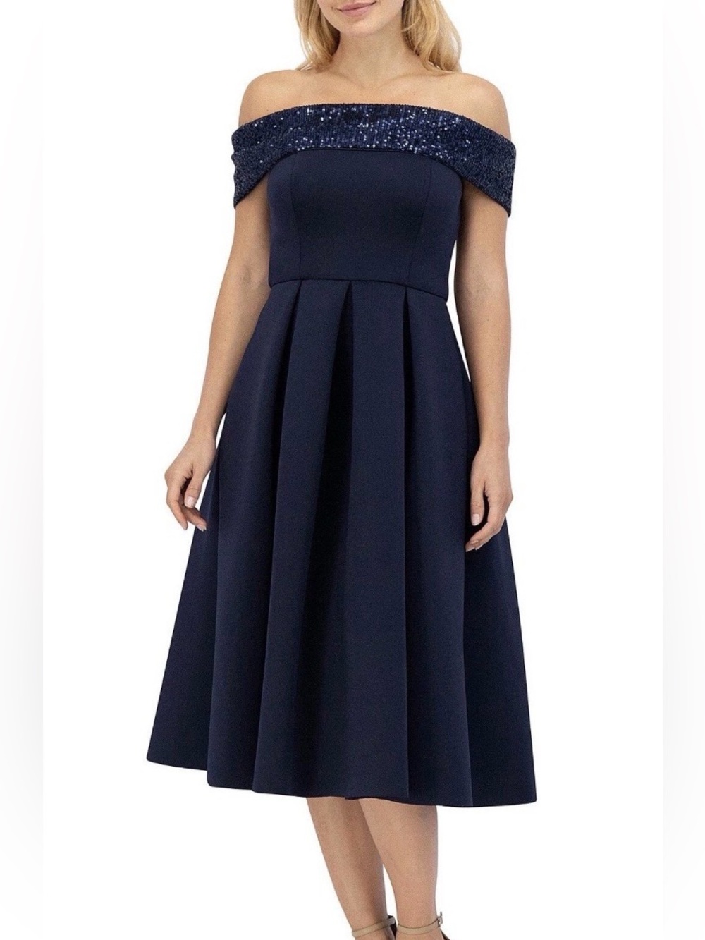 Eliza J Women's Navy Blue Sequin-Trim Off-the-Shoulder MIDI Dress Size 14. NWT.